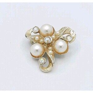 Vintage 1950s Gold-Toned Swirl Brooch Pin with Faux Pearls and Rhinestones